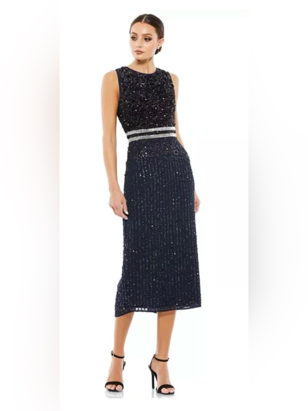 Mac Duggal Sparkly Navy Beaded Special Occasion Midi Dress, NWT. Size 4